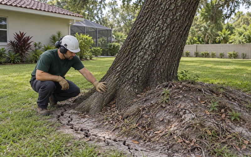 Worker with a hand on the root flare buttress of a leaning live oak in a Bradenton back yard.