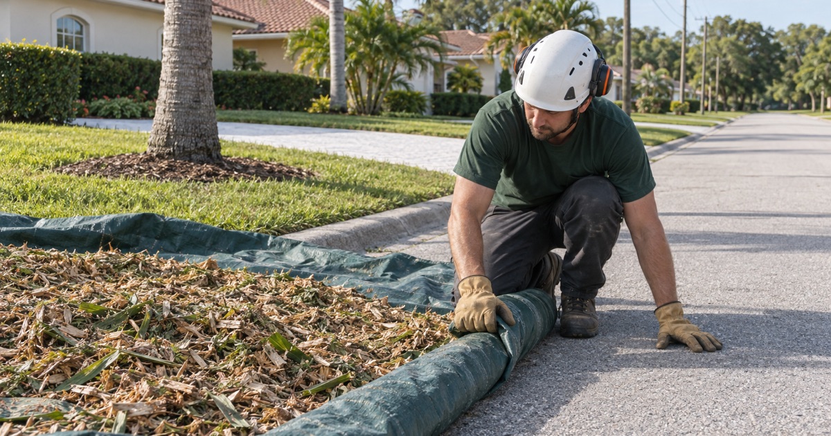 Worker rolling the hem of a tarp of chips at a Bradenton curb.