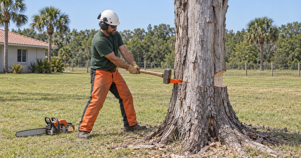 Worker driving a felling wedge into the back cut of a dead standing laurel oak in Bradenton.
