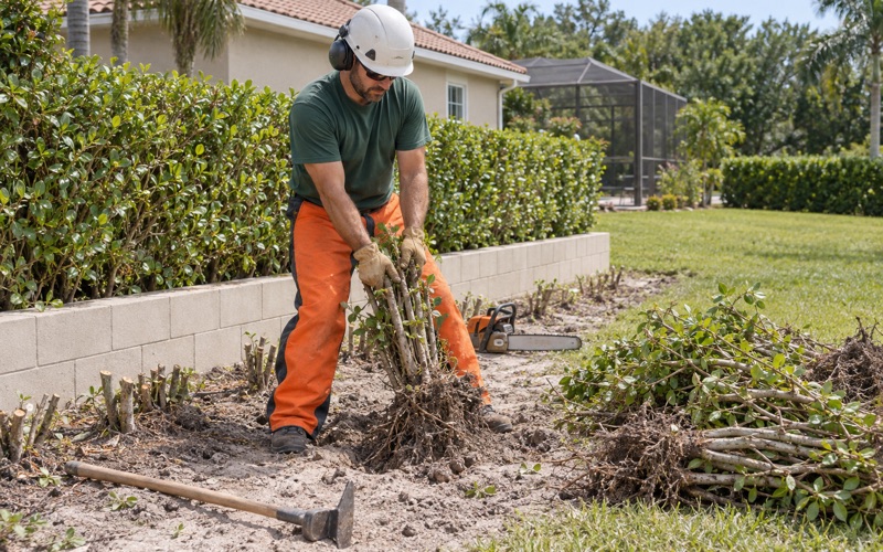 Worker pulling a ficus hedge stem cluster out of loosened sand on a Bradenton boundary.