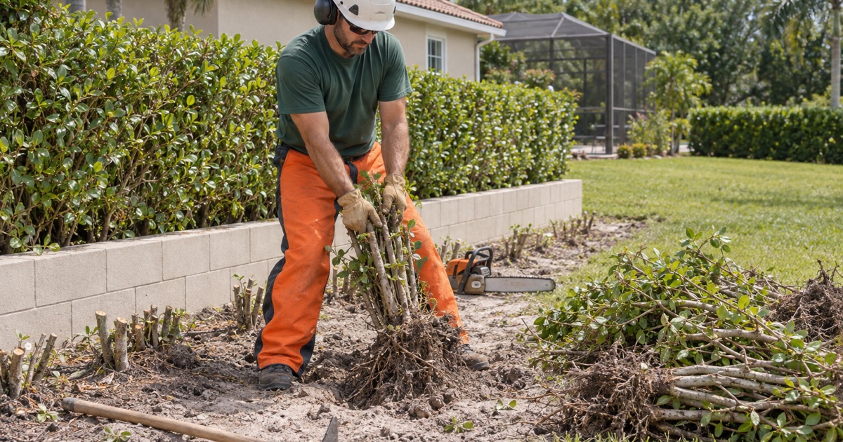 Worker pulling a ficus hedge stem cluster out of loosened sand on a Bradenton boundary.