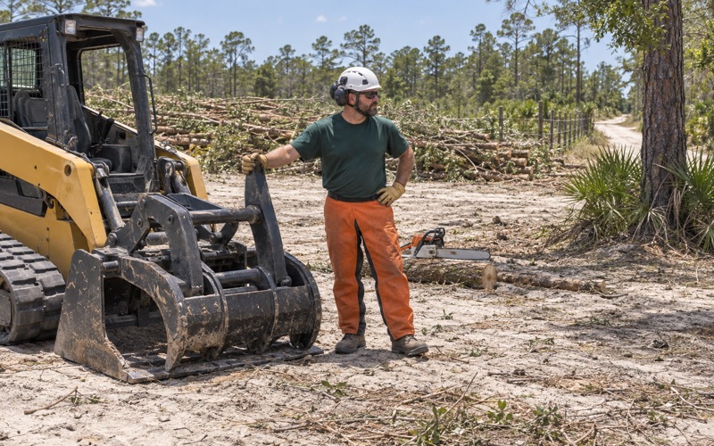 Worker at the grapple arm of a shut-down loader on a Bradenton lot being cleared.