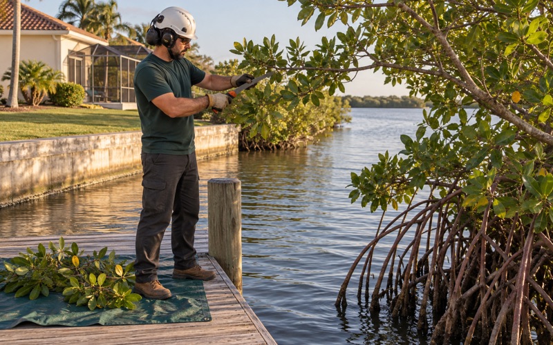 Worker trimming a red mangrove branch back from a dock behind a Bradenton seawall.
