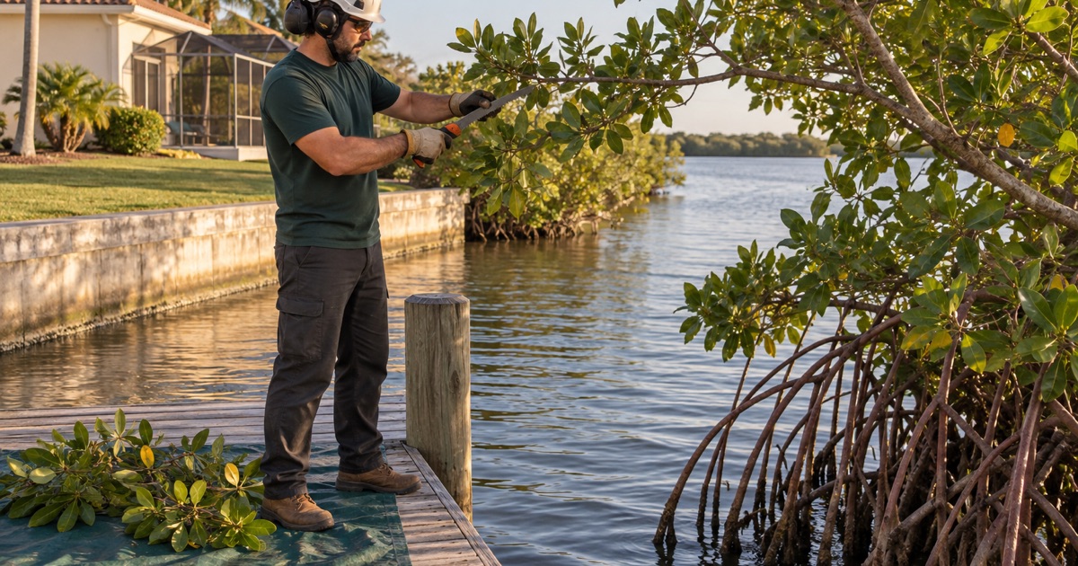 Worker trimming a red mangrove branch back from a dock behind a Bradenton seawall.