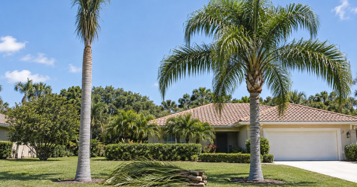 A hurricane-cut queen palm standing beside a correctly rounded one in a Bradenton front yard.