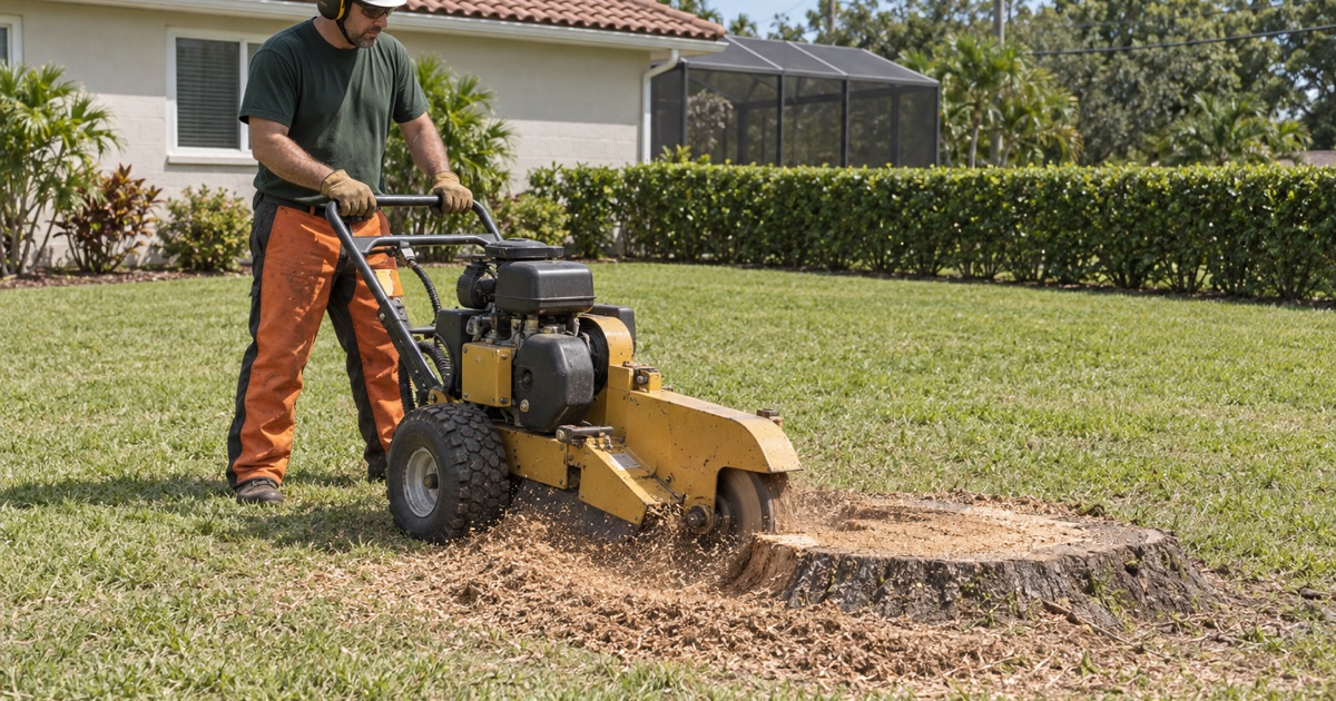 Worker sweeping a grinder wheel across a live oak stump face in a Bradenton back yard.