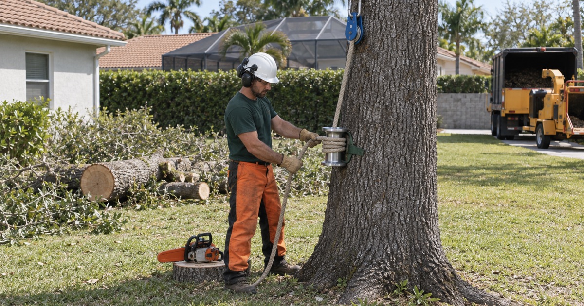 Ground worker dressing a wrap onto the bollard at the base of a laurel oak in a Bradenton back yard.