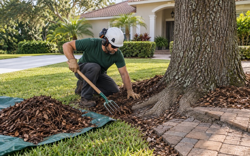 Worker clearing mulch off the buried root flare of a live oak in Bradenton.