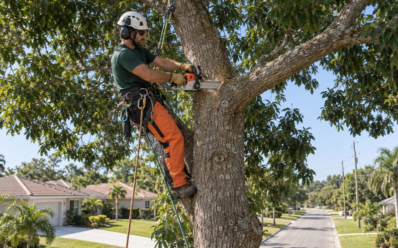 Climber making a branch collar cut in a mahogany tree over a Bradenton street.
