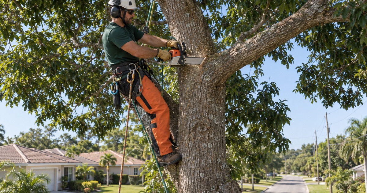 Climber making a branch collar cut in a mahogany tree over a Bradenton street.